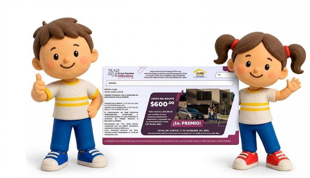 Niños mostrando el boleto oficial del Gran Sorteo Chihuahua por sus Niños